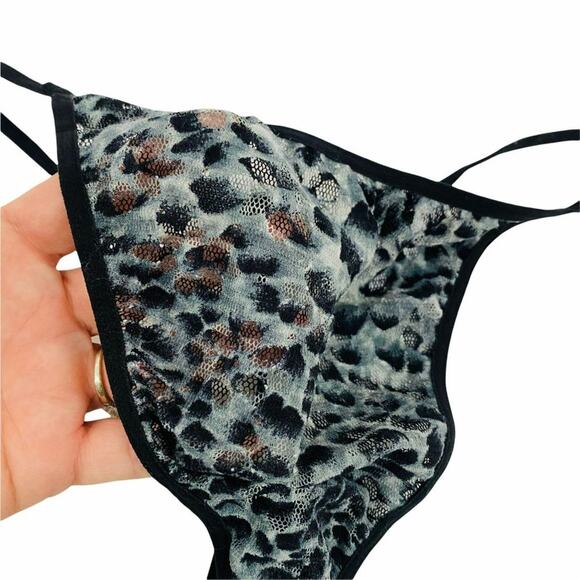 Rene Rofe Black Grey Leopard Animal Print G String Panty Rhinestone Boudoir - Picture 2 of 7